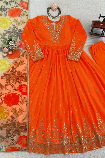 Orange Color Thread With Sequence Work Georgette Gown Bottom Set