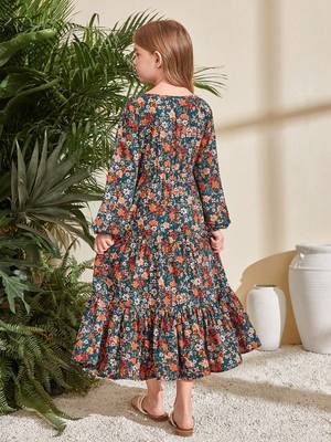 Dark green floral print cotton fabric tiered maxi casual girls dress 5