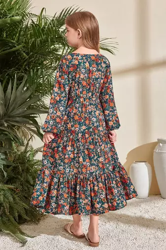 Dark green floral print cotton fabric tiered maxi casual girls dress