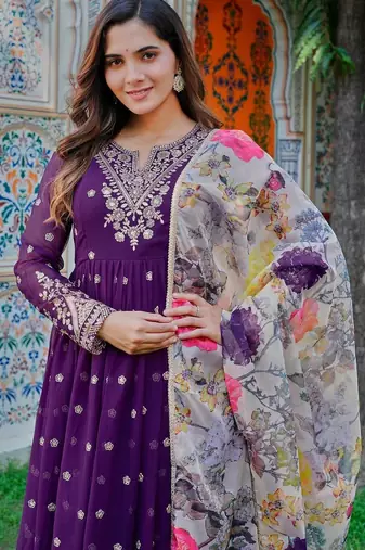 Purple Color Thread With Sequence Work Georgette Gown Bottom Set