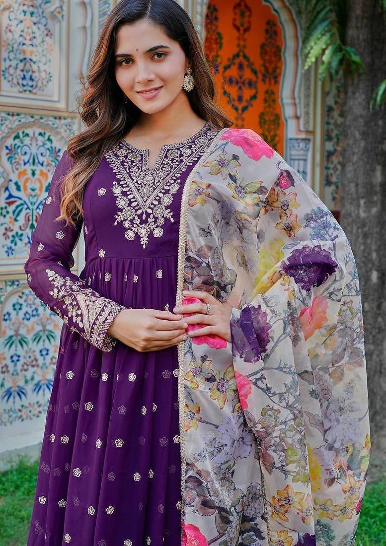 Purple Color Thread With Sequence Work Georgette Gown Bottom Set