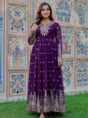 Purple Color Thread With Sequence Work Georgette Gown Bottom Set 2