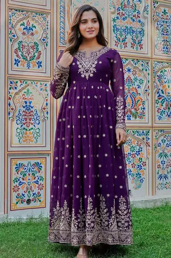 Purple Color Thread With Sequence Work Georgette Gown Bottom Set
