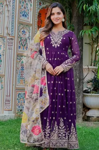 Purple Color Thread With Sequence Work Georgette Gown Bottom Set