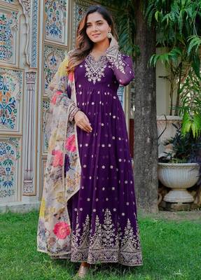 Purple Color Thread With Sequence Work Georgette Gown Bottom Set 4
