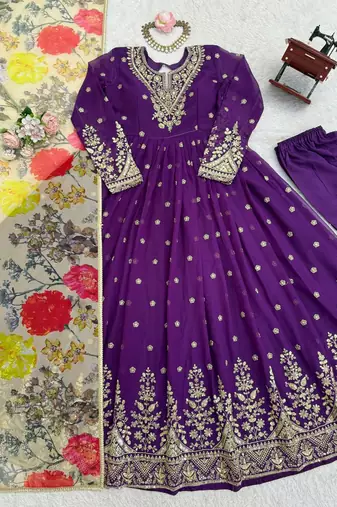 Purple Color Thread With Sequence Work Georgette Gown Bottom Set