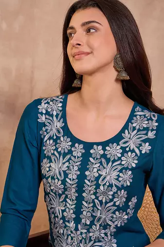 Womens blue viscose rayon emboidered kurti