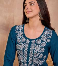 Womens blue viscose rayon emboidered kurti