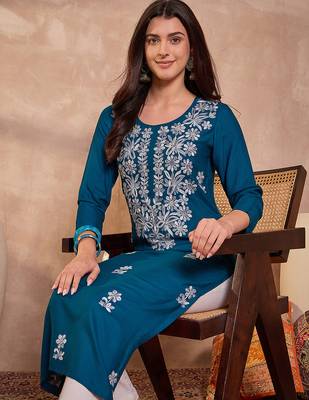 Womens blue viscose rayon emboidered kurti 3