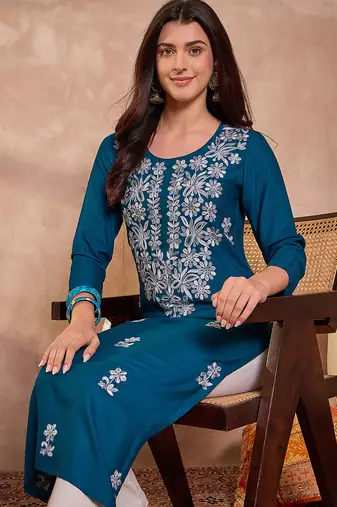 Womens blue viscose rayon emboidered kurti