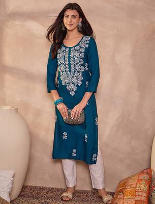Womens blue viscose rayon emboidered kurti 1
