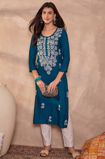 Womens blue viscose rayon emboidered kurti