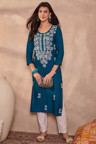 Womens blue viscose rayon emboidered kurti