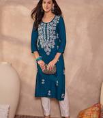 Womens blue viscose rayon emboidered kurti