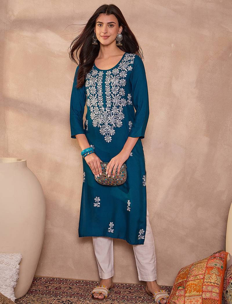 Womens blue viscose rayon emboidered kurti