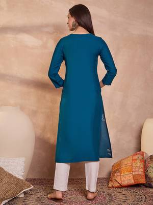 Womens blue viscose rayon emboidered kurti 4
