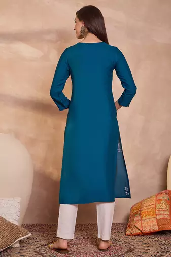 Womens blue viscose rayon emboidered kurti