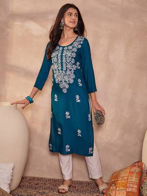 Womens blue viscose rayon emboidered kurti 5