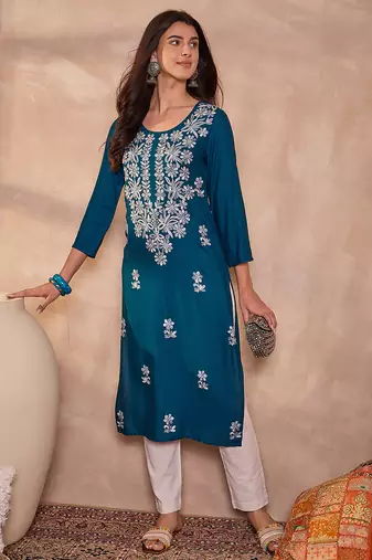 Womens blue viscose rayon emboidered kurti