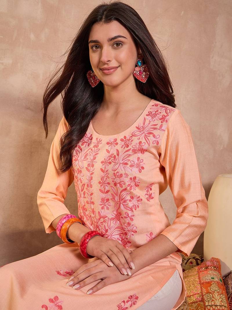 Womens peach viscose rayon emboidered kurti