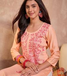 Womens peach viscose rayon emboidered kurti