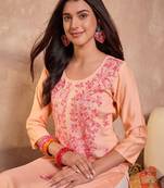 Womens peach viscose rayon emboidered kurti