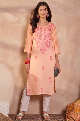 Womens peach viscose rayon emboidered kurti