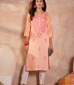 Womens peach viscose rayon emboidered kurti