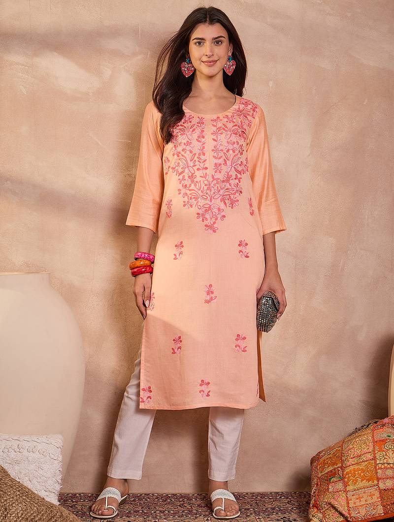 Womens peach viscose rayon emboidered kurti