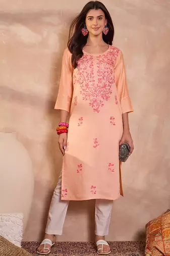 Womens peach viscose rayon emboidered kurti