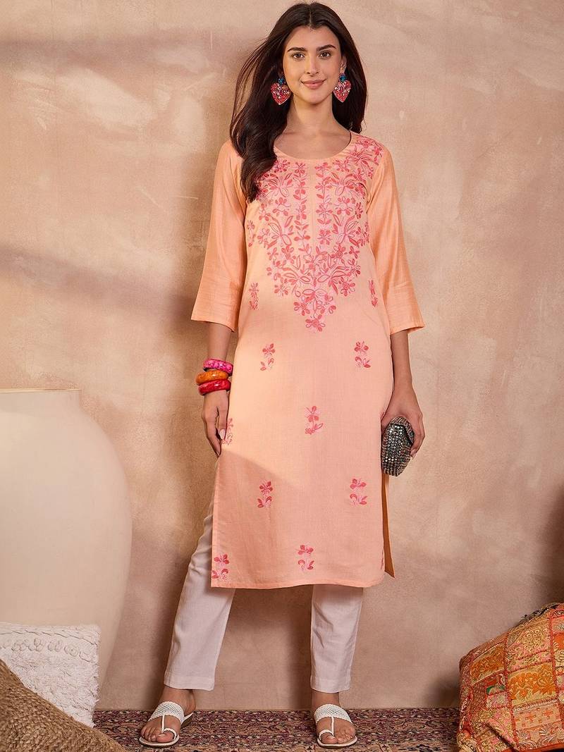 Womens peach viscose rayon emboidered kurti