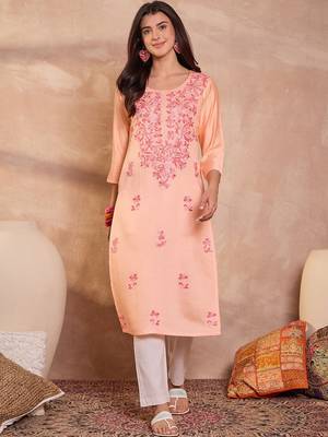 Womens peach viscose rayon emboidered kurti 3