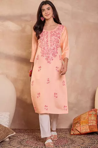 Womens peach viscose rayon emboidered kurti