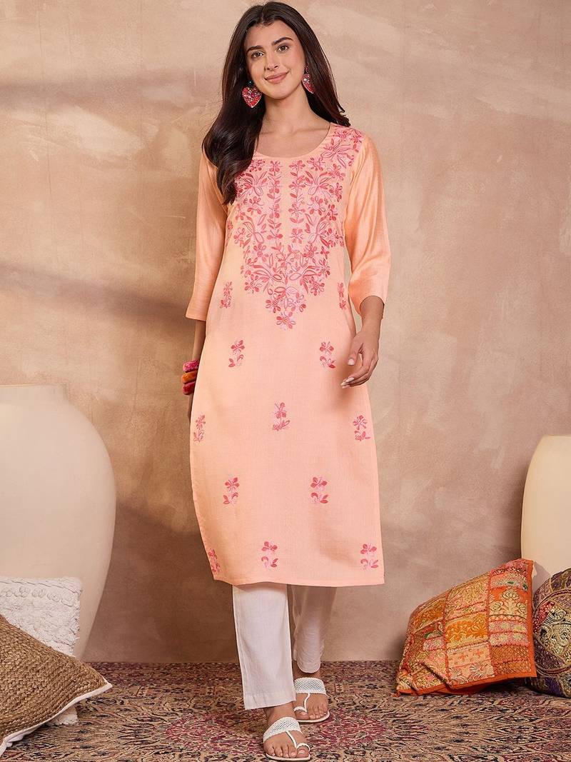 Womens peach viscose rayon emboidered kurti