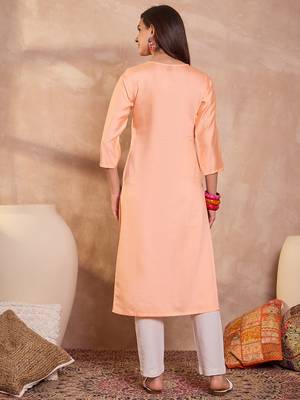 Womens peach viscose rayon emboidered kurti 4