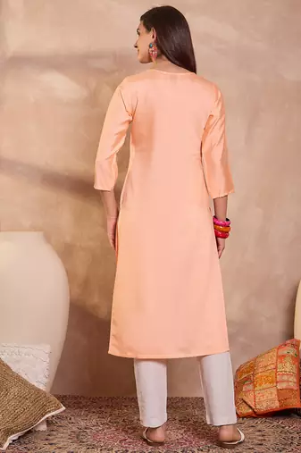 Womens peach viscose rayon emboidered kurti