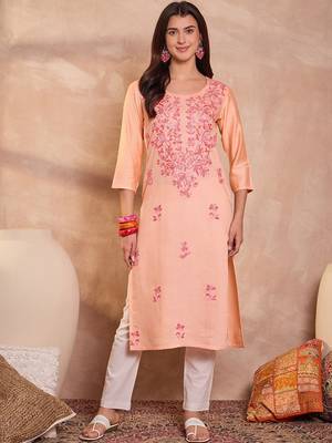 Womens peach viscose rayon emboidered kurti 5
