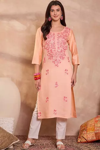 Womens peach viscose rayon emboidered kurti