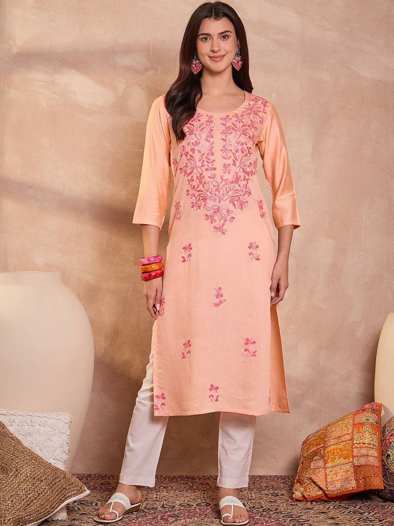 Womens peach viscose rayon emboidered kurti
