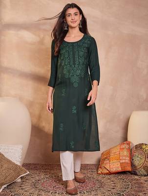 Womens green viscose rayon emboidered kurti 1
