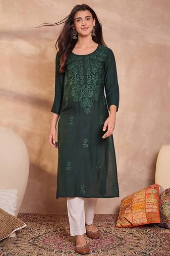 Womens green viscose rayon emboidered kurti