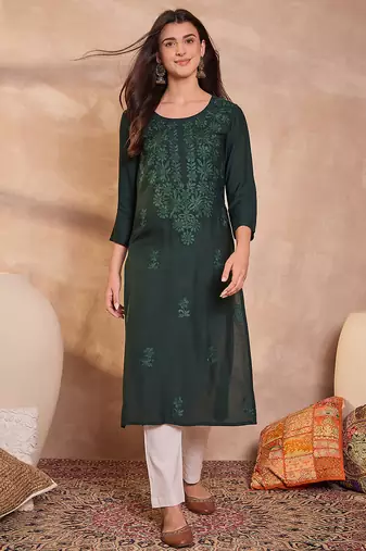 Womens green viscose rayon emboidered kurti