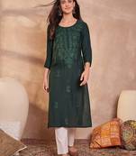 Womens green viscose rayon emboidered kurti