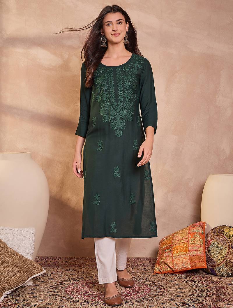 Womens green viscose rayon emboidered kurti
