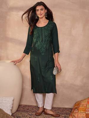 Womens green viscose rayon emboidered kurti 3