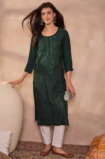 Womens green viscose rayon emboidered kurti
