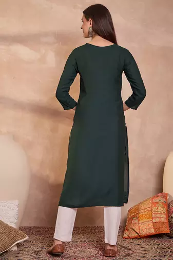 Womens green viscose rayon emboidered kurti