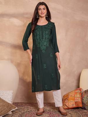Womens green viscose rayon emboidered kurti 5