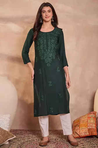 Womens green viscose rayon emboidered kurti