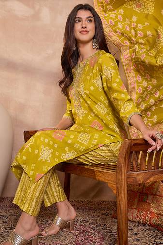 Womens silk blend ethnic motifs printed yellow kurta and trousers with dupatta